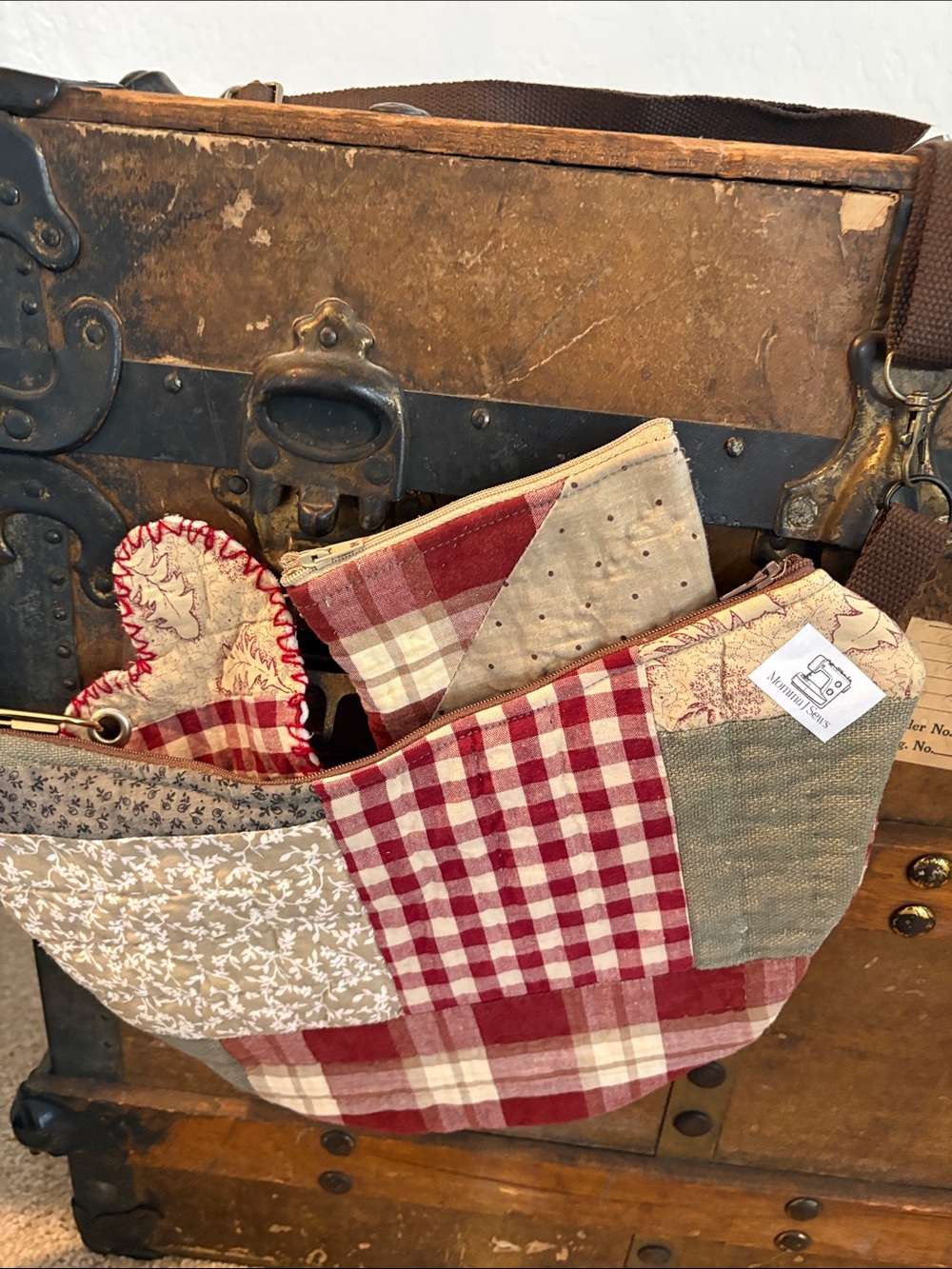 Upcycled Handmade Patchwork Sling Bag in Red Plaid / 1 pouch